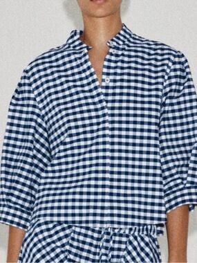 Zara Navy & White Gingham Button-Front Blouse